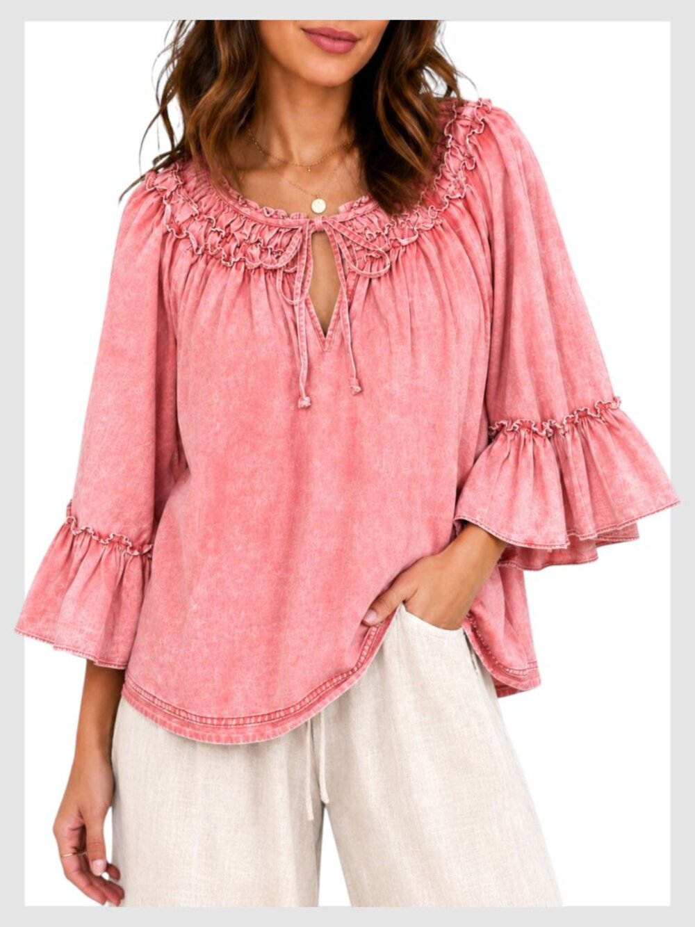 Free People Ainsley Denim Top Rose Pink Wash Smocked Boho Blouse S